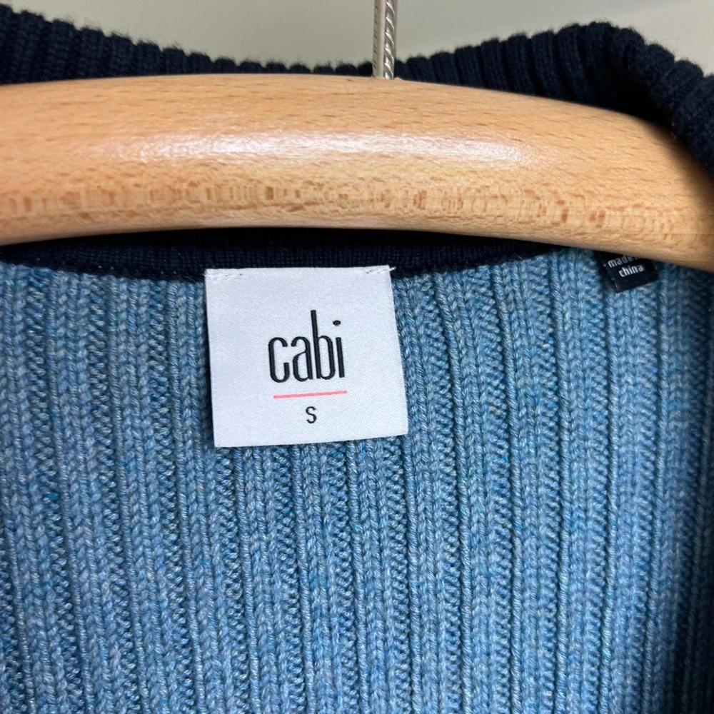Cabi Varsity Cardigan Small Navy Blue Tan Academia Ribbed Knit Preppy Blazer Top